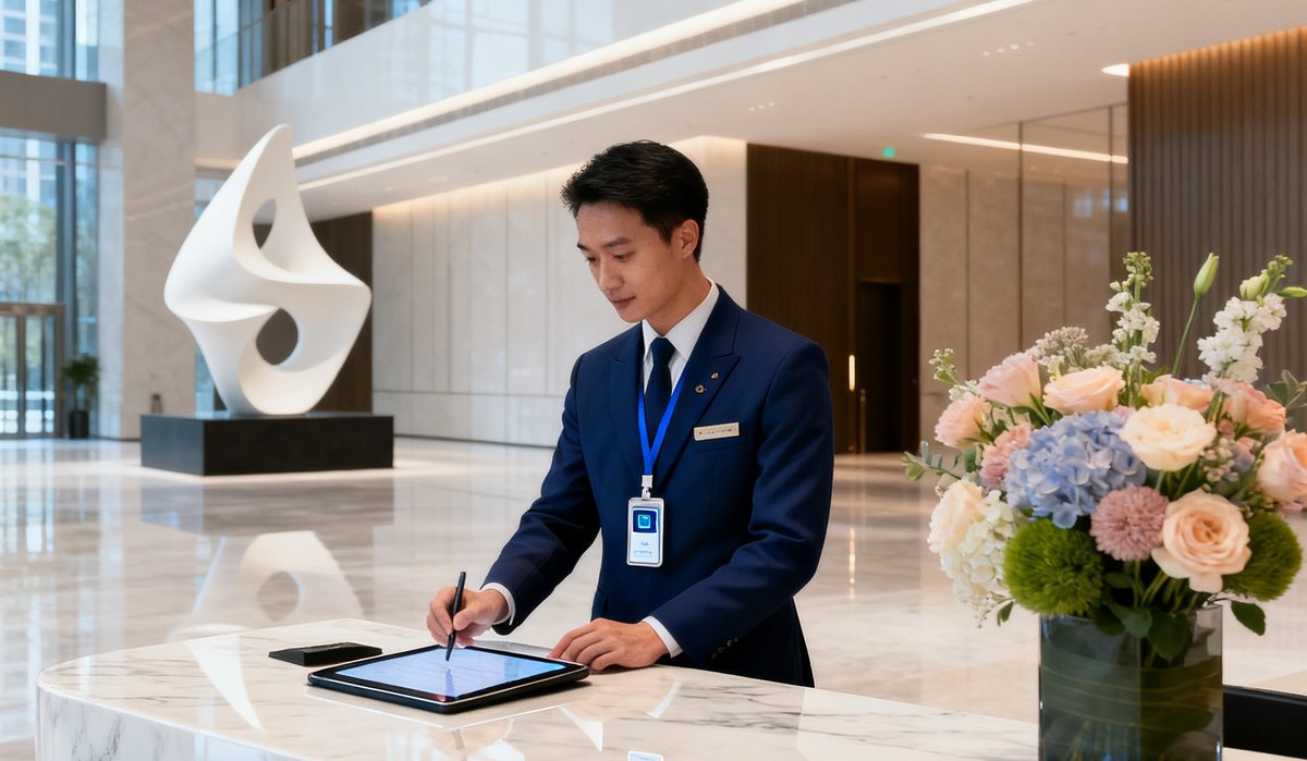 一位AG贵宾会管家正在超甲级写字楼大堂为访客办理登记，管家身着深蓝色定制制服佩戴智能工牌，大理石台面上摆放着精致的签到平板和手工插花，背景可见挑高空间与现代艺术装置